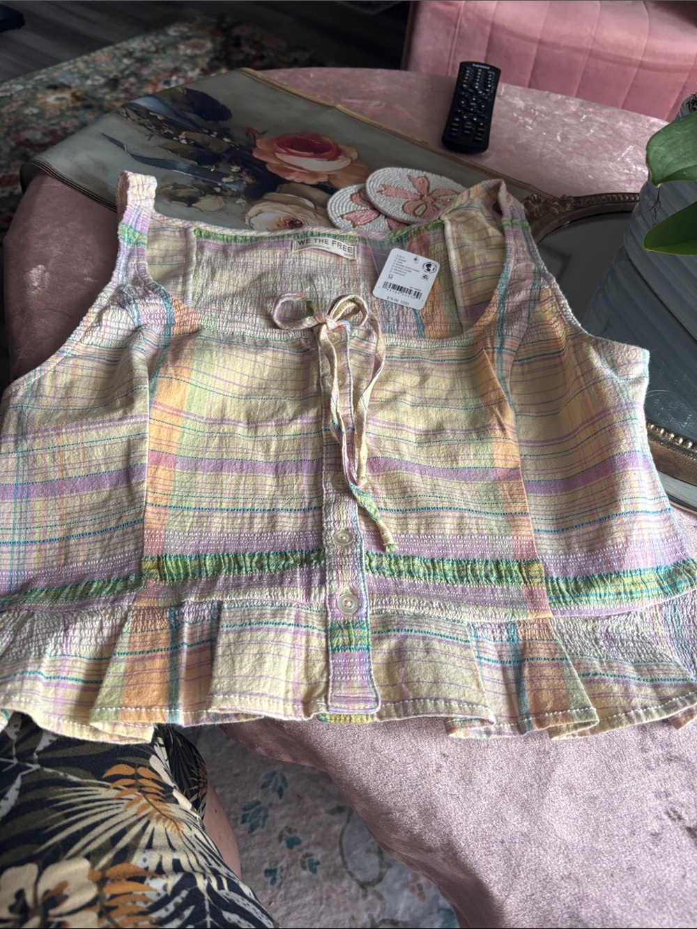 Free People Pastel Plaid Tie-Front Tank Top in Yellow, Pink and Green